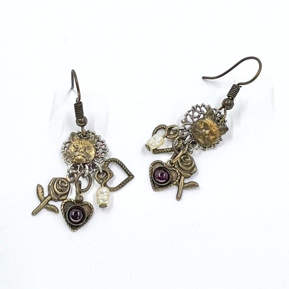 Jewelry - Brass Tone Cat Face & Charm Fishhook Earrings